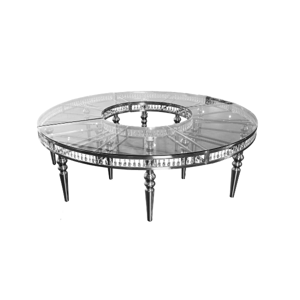Serpentine Table RENTAL - Silver Frame with Clear Top and Crystals
